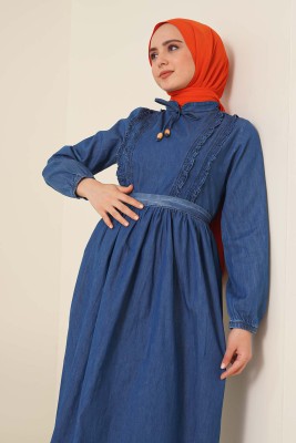 Önü Fırfırlı Denim Kot Elbise - Tesettür Elbise