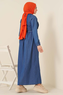 Önü Fırfırlı Denim Kot Elbise - Tesettür Elbise