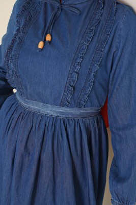 Önü Fırfırlı Denim Kot Elbise - Tesettür Elbise