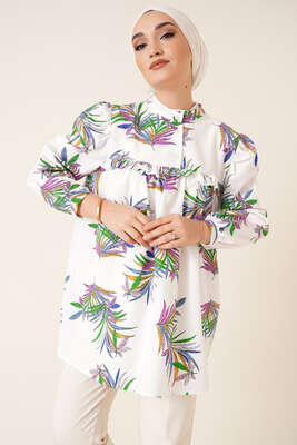 Önü Fırfırlı Desenli Tunik Beyaz