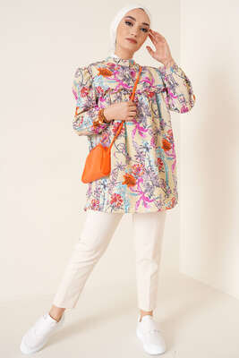 Önü Fırfırlı Desenli Tunik Camel - Tunik