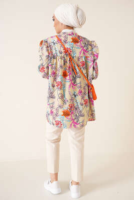 Önü Fırfırlı Desenli Tunik Camel - Tunik