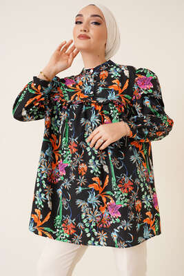 Önü Fırfırlı Desenli Tunik Siyah 