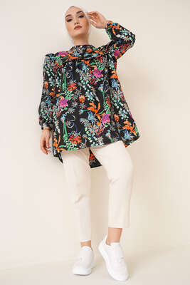 Önü Fırfırlı Desenli Tunik Siyah - Tunik