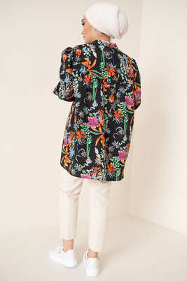 Önü Fırfırlı Desenli Tunik Siyah - Tunik