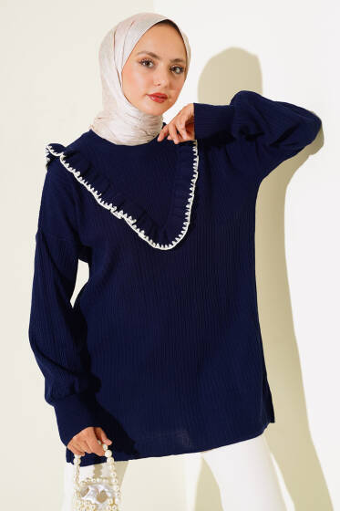 Önü Fırfırlı Dikişli Triko Tunik Lacivert - Tunik