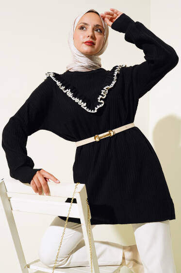 Önü Fırfırlı Dikişli Triko Tunik Siyah - Tunik