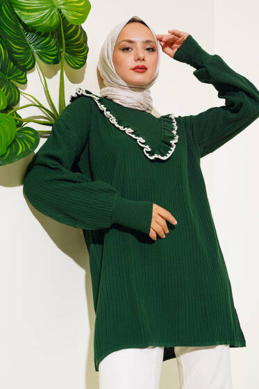 Önü Fırfırlı Dikişli Triko Tunik Zümrüt - Tunik