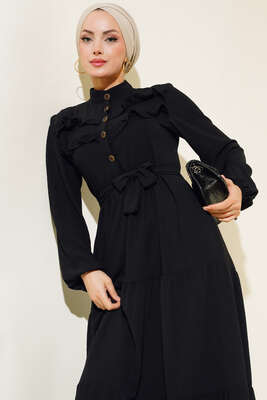 Önü Fırfırlı Düğmeli Elbise Siyah - Thumbnail