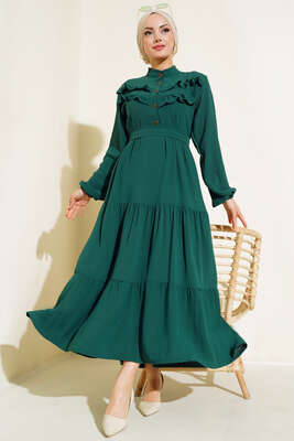 Önü Fırfırlı Düğmeli Elbise Zümrüt Yeşili - Thumbnail