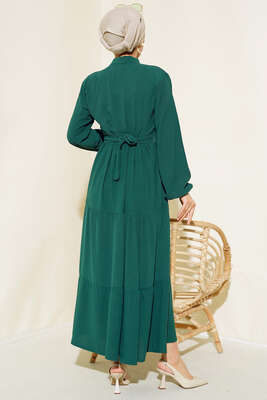 Önü Fırfırlı Düğmeli Elbise Zümrüt Yeşili - Thumbnail
