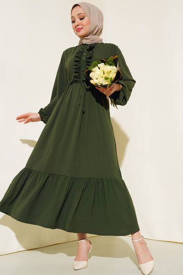 Önü Fırfırlı Elbise Haki - Tesettür Elbise
