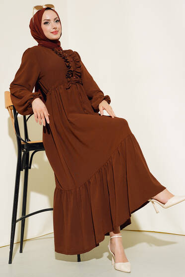 Önü Fırfırlı Elbise Kahve - Tesettür Elbise