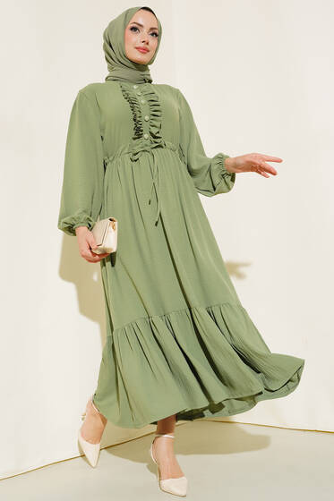 Önü Fırfırlı Elbise Mint - Tesettür Elbise