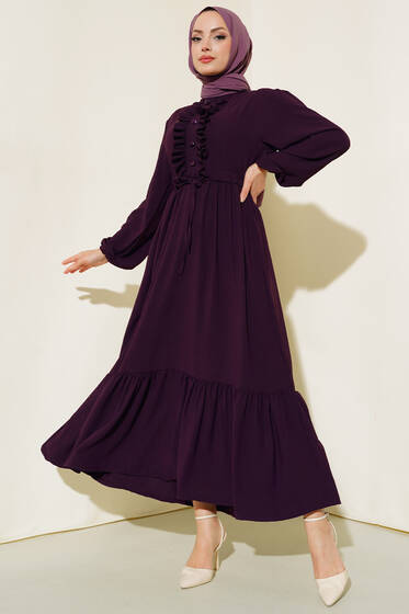 Önü Fırfırlı Elbise Mor - Tesettür Elbise