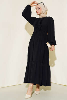 Önü Fırfırlı Elbise Siyah - Thumbnail