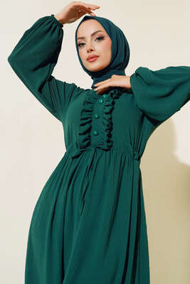 Önü Fırfırlı Elbise Zümrüt Yeşili - Thumbnail
