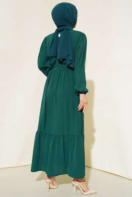 Önü Fırfırlı Elbise Zümrüt Yeşili - Thumbnail