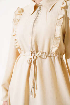 Önü Fırfırlı Fermuarlı Elbise Bej - Thumbnail
