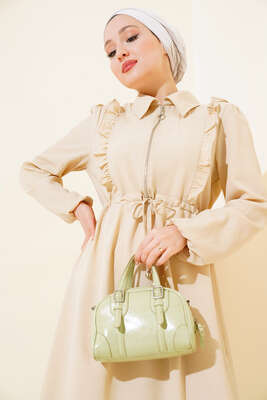 Önü Fırfırlı Fermuarlı Elbise Bej - Tesettür Elbise