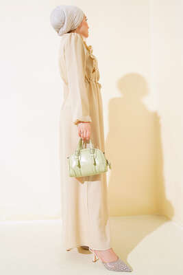 Önü Fırfırlı Fermuarlı Elbise Bej - Tesettür Elbise