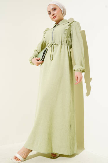 Önü Fırfırlı Fermuarlı Elbise Çağla Yeşili - Elbise