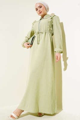 Önü Fırfırlı Fermuarlı Elbise Çağla Yeşili 