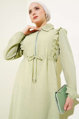 Önü Fırfırlı Fermuarlı Elbise Çağla Yeşili - Tesettür Elbise