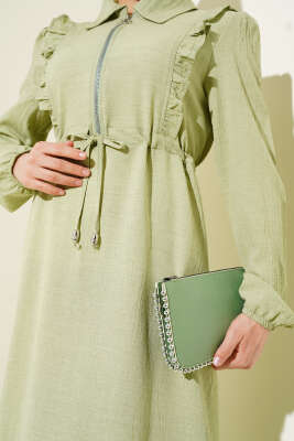 Önü Fırfırlı Fermuarlı Elbise Çağla Yeşili - Tesettür Elbise