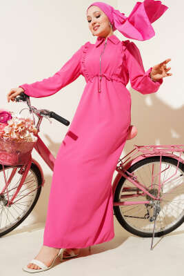 Önü Fırfırlı Fermuarlı Elbise Fuşya - ASME