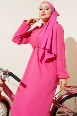 Önü Fırfırlı Fermuarlı Elbise Fuşya - Tesettür Elbise