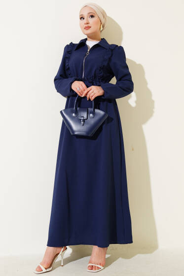 Önü Fırfırlı Fermuarlı Elbise Lacivert - Elbise