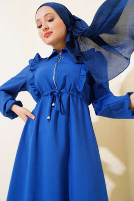 Önü Fırfırlı Fermuarlı Elbise Saks - Thumbnail