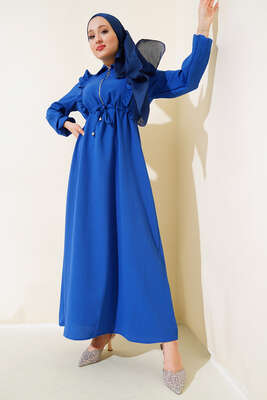 Önü Fırfırlı Fermuarlı Elbise Saks - Thumbnail
