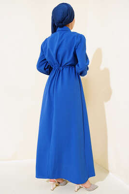 Önü Fırfırlı Fermuarlı Elbise Saks - Tesettür Elbise