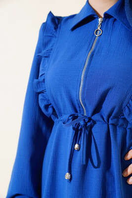 Önü Fırfırlı Fermuarlı Elbise Saks - Tesettür Elbise