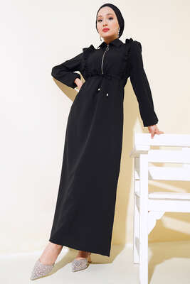 Önü Fırfırlı Fermuarlı Elbise Siyah - Thumbnail