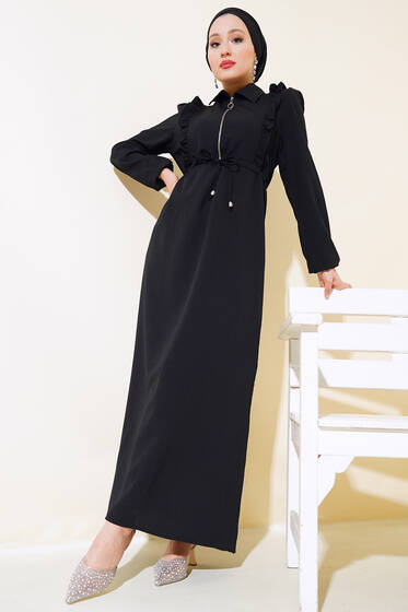 Önü Fırfırlı Fermuarlı Elbise Siyah - Elbise