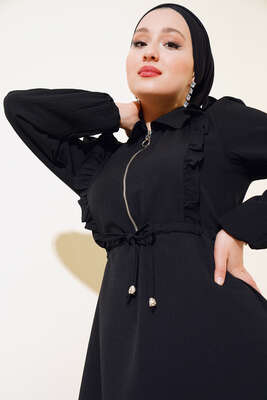 Önü Fırfırlı Fermuarlı Elbise Siyah - Thumbnail