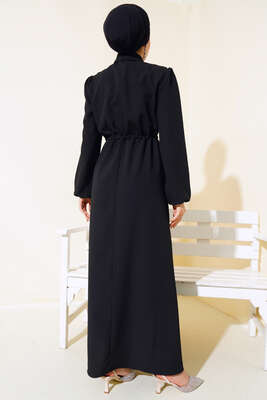 Önü Fırfırlı Fermuarlı Elbise Siyah - Tesettür Elbise