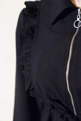 Önü Fırfırlı Fermuarlı Elbise Siyah - Tesettür Elbise