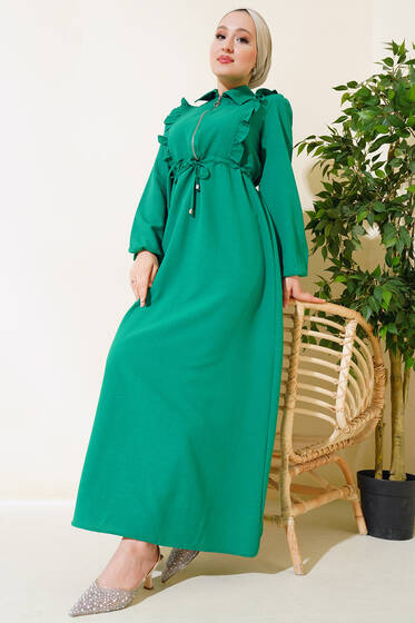 Önü Fırfırlı Fermuarlı Elbise Yeşil - Elbise