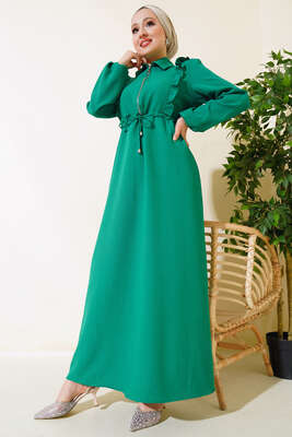 Önü Fırfırlı Fermuarlı Elbise Yeşil - Thumbnail