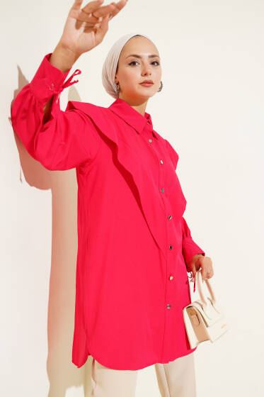 Önü Fırfırlı İp Bağcıklı Gömlek Mercan - Gömlek