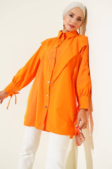 Önü Fırfırlı İp Bağcıklı Gömlek Oranj - Gömlek