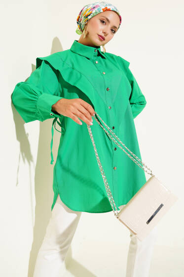 Önü Fırfırlı İp Bağcıklı Gömlek Yeşil - Gömlek