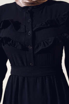 Önü Fırfırlı Kat Elbise Siyah - Thumbnail