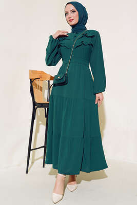 Önü Fırfırlı Kat Elbise Zümrüt Yeşili - Thumbnail