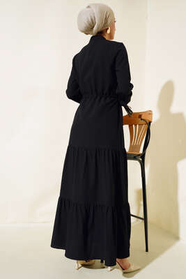 Önü Fırfırlı Kat Kat Elbise Siyah - Thumbnail