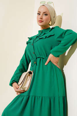 Önü Fırfırlı Kat Kat Elbise Yeşil - Thumbnail